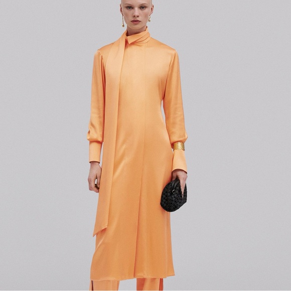 Massimo Dutti Dresses & Skirts - Massimo Dutti Studio Satin Orange Maxi Dress Tie Belt Neck M/L Limited Edition